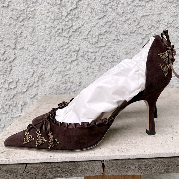 Alexandra Neel VTG Victorian Brown Ruffle Lace Up Adorned Kitten Heels Pump 5.5 - Picture 7 of 12
